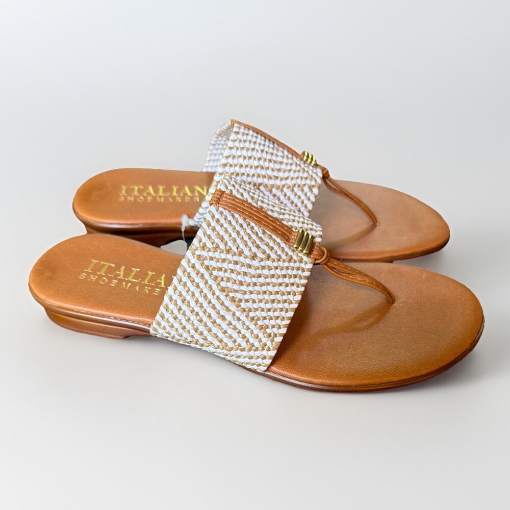 Italian Shoemakers Thong Sandals Tan White Boho Slide Size 7 NEW Woven Italy